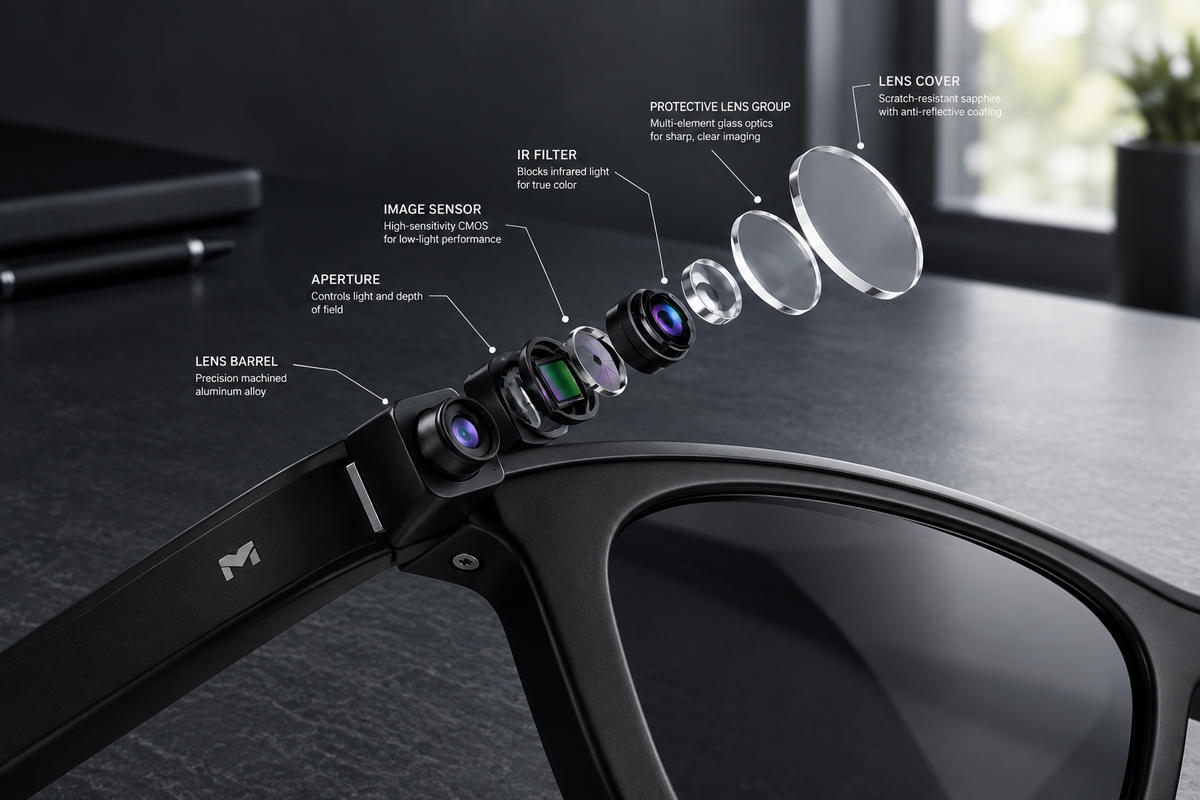 LENS COVER — Outermost protective front element

PROTECTIVE LENS GROUP — Primary multi-coated glass assembly

IR FILTER — Infrared cut filter for accurate color rendition

IMAGE SENSOR — High-definition digital capture sensor

APERTURE — Light control diaphragm / optic opening

LENS BARREL — Internal structural housing mounting to the black frame