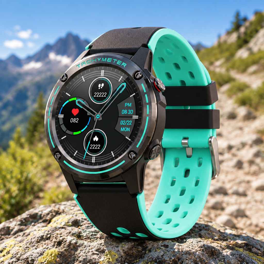 A rugged field navigation watch, identical to the one in image_4.png, is set against a blurred background of a rocky mountain trail under a clear blue sky. Natural sunlight creates defined highlights on the metal casing and texturized strap, emphasizing its functional durability and outdoor context. The focus remains sharp on the watch face.